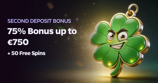 Wildies Casino second deposit bonus banner showing 75% bonus up to EUR 750 plus 50 free spins with a green four-leaf clover character