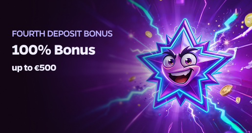Wildies Casino UK fourth deposit bonus banner showing 100% bonus up to EUR 500 with a smiling purple neon star character