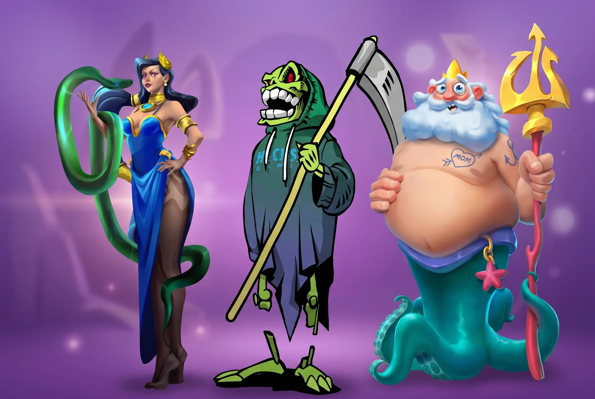 Wildies Casino UK banner featuring Wildies casino characters Wildies Casino UK mobile banner with the snake queen, green reaper and sea king characters