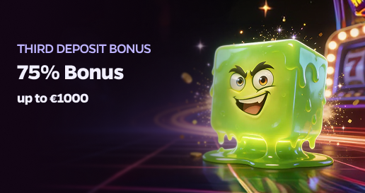 Wildies UK Casino third deposit bonus banner showing 75% bonus up to EUR 1000 with a green slime cube character beside a slot machine
